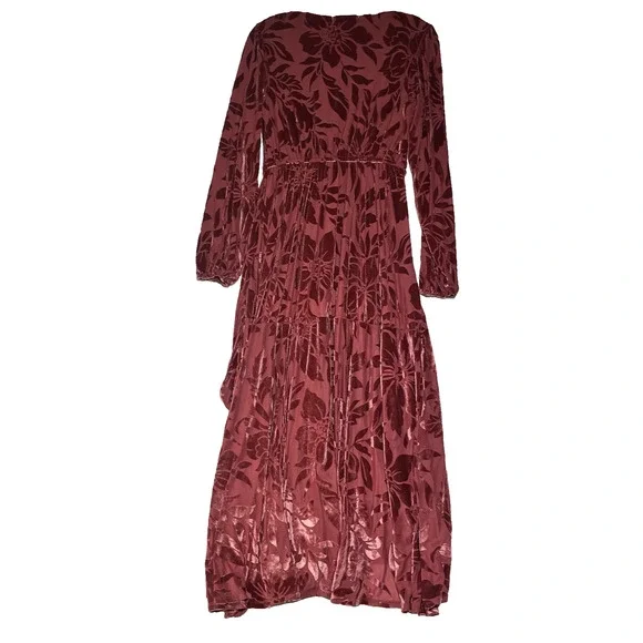 Velvet Burnout Midi Wrap Dress Size Small Mauve Floral High Low - Picture 2 of 11